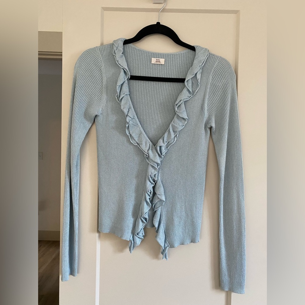 Little Moon Light Blue Ruffle Ribbed Cardigan Sweater